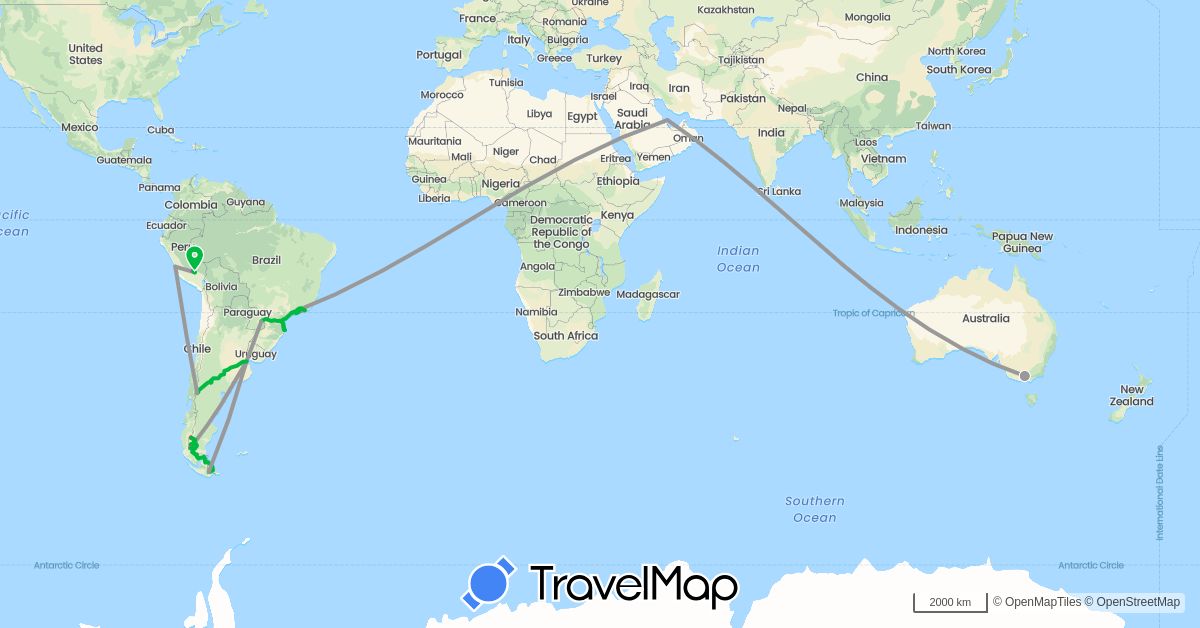 TravelMap itinerary: bus, plane, train, hiking, boat in Argentina, Australia, Brazil, Chile, Peru, Qatar (Asia, Oceania, South America)